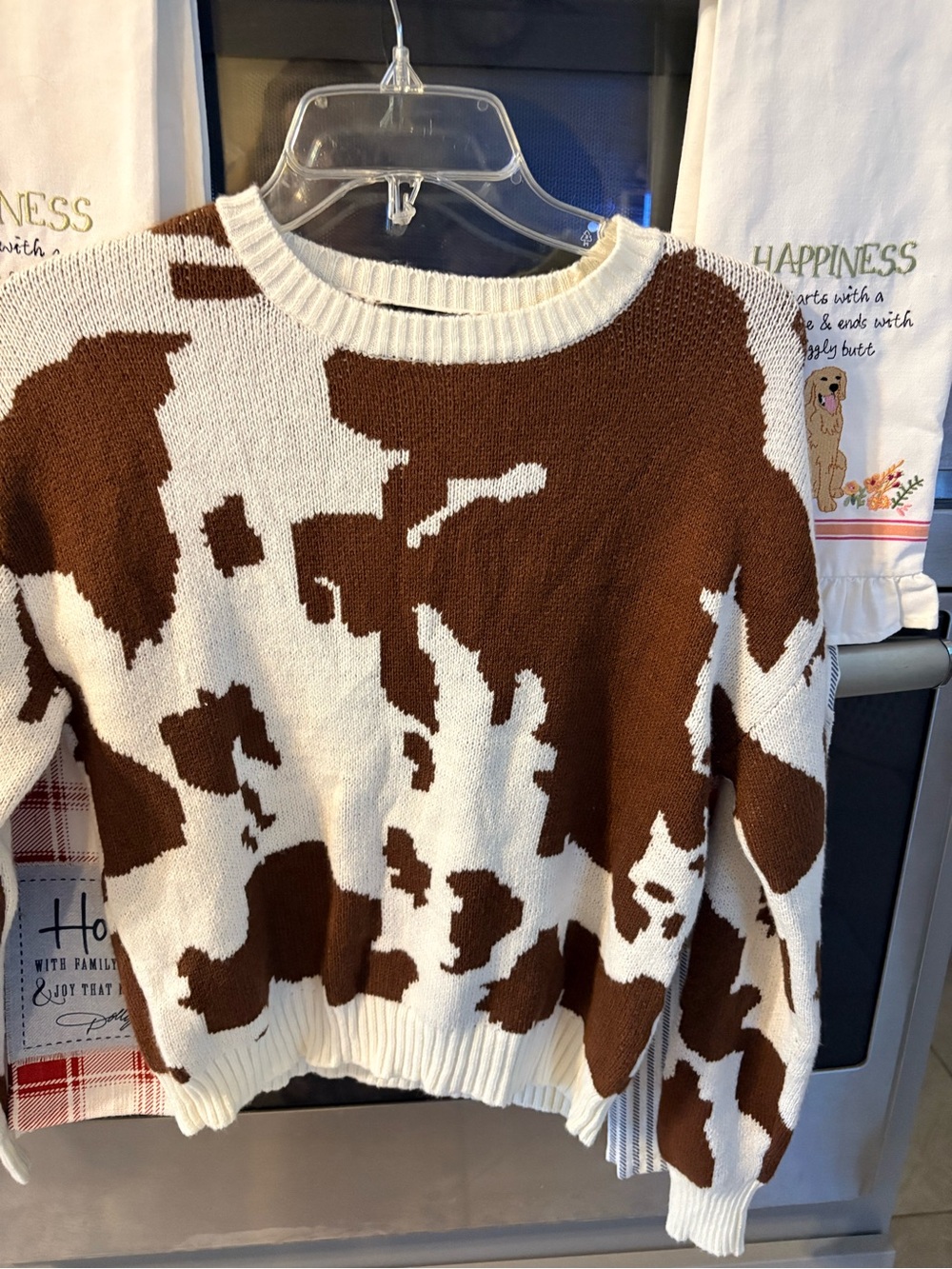 Crewneck Cow-Print Sweater in Brown and White